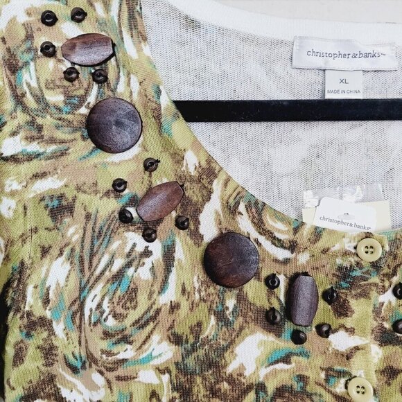 Christopher & Banks Sweater Cardigan XL Green Brown Wood Bead Embellished NEW - Picture 3 of 12